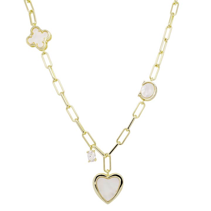 Halskette aus vergoldetem Silber mit Perle, Herz, Klee und Zirkonia für den Großhandel von Dlux Jewels