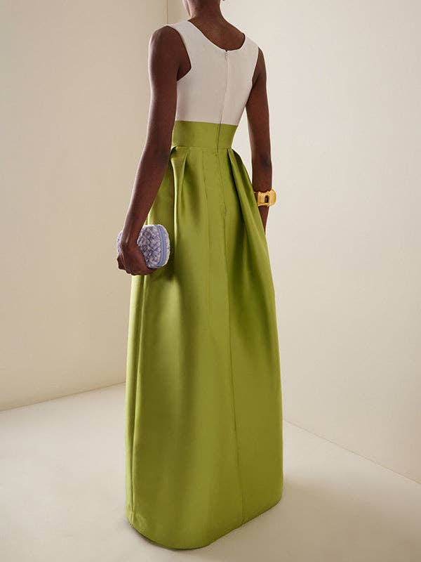 WHITE GREEN ​A-Line High Waist Pleated V-Neck Maxi Dress for wholesale on Faire