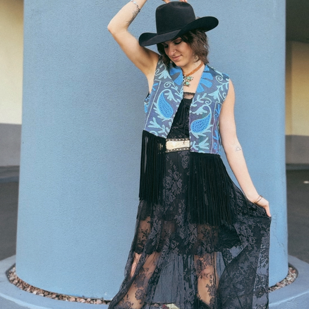 Wylder Trading Company - Wholesale Outerwear Vest - Women's - Boho Western Artisan Fringe Vests | Kantha Suzani Textile13