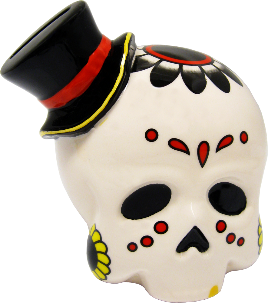 Square Deal Recordings & Supplies - Wholesale Money/Piggy Bank - Money Bank - Sourpuss  - Ceramic Sugar Skull With Top Hat 5"0