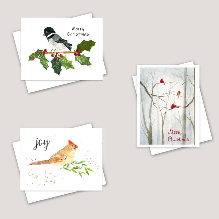 Christmas Birds - Set of 6 Holiday Cards for wholesale by Kelli McNichols Art