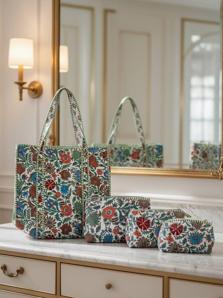 White Floral Combo TOTE + COSMETIC BAGS SET OF 3 for wholesale by AMRANIS