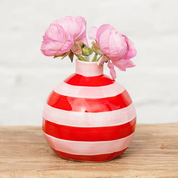 Round Bud Vase - Pink & Red STRIPE for wholesale by Noss and Co