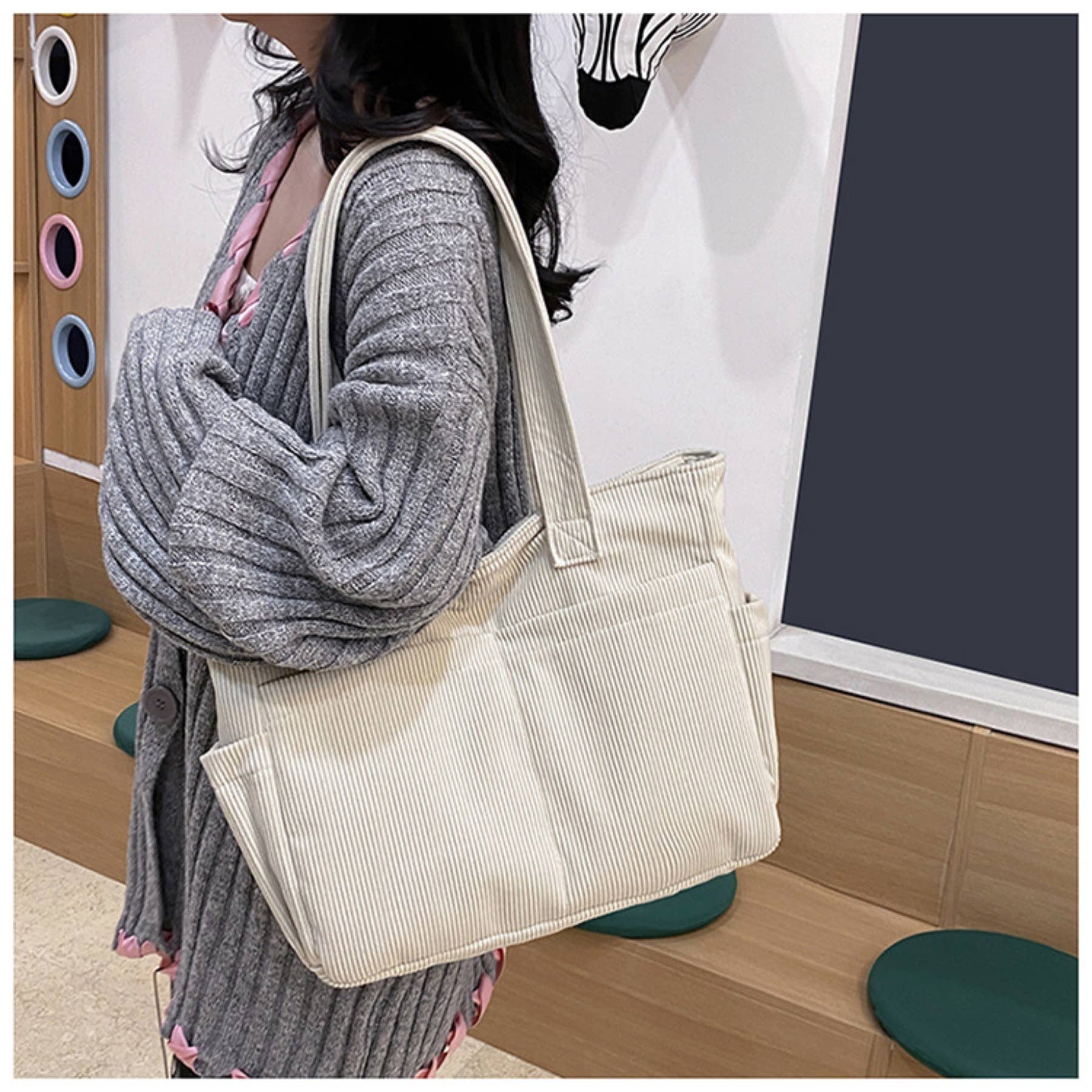 wandf - Wholesale Shoulder Bag - Women's - Casual Solid Color Corduroy Zippered Shoulder Bag Tote24
