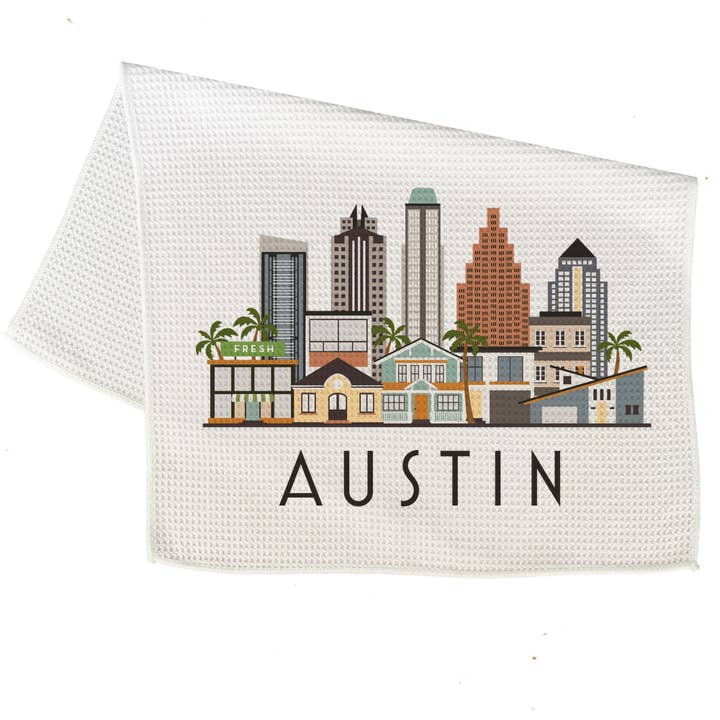 Austin Texas Cityscape Skyline Graphic Microfiber Kitchen Towel Graphic Print for wholesale by MooMo Studio