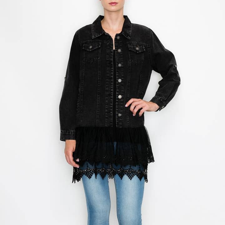 DENIM JACKET WITH LACE LAYER OLS-4544 BK for wholesale by Origami Apparel ~ Lace and Crochet inspired