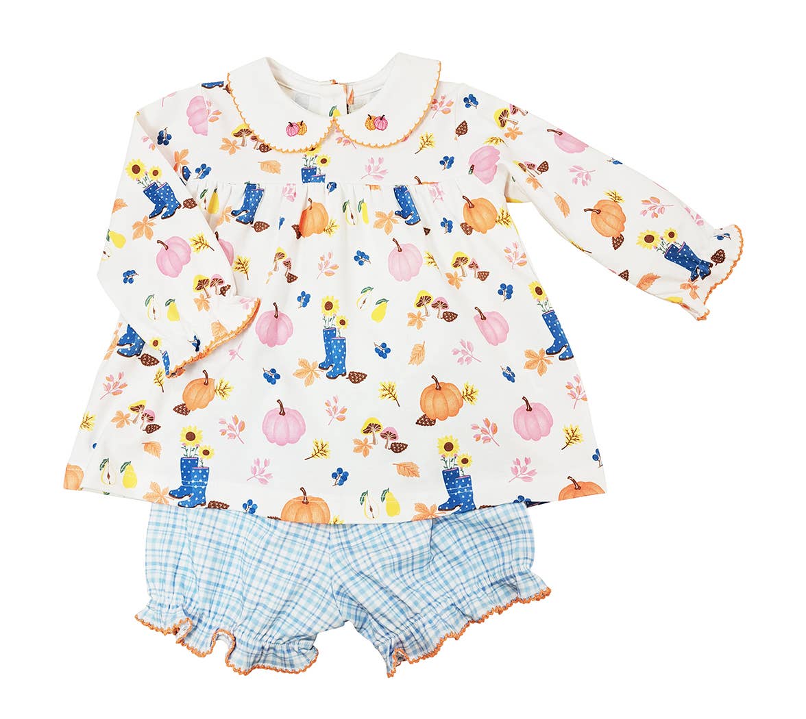 Marco and Lizzy – Romper - Crianças por atacado – Conjunto de pima com estampa de abóbora e xadrez de outono com estampa de abóbora e xadrez