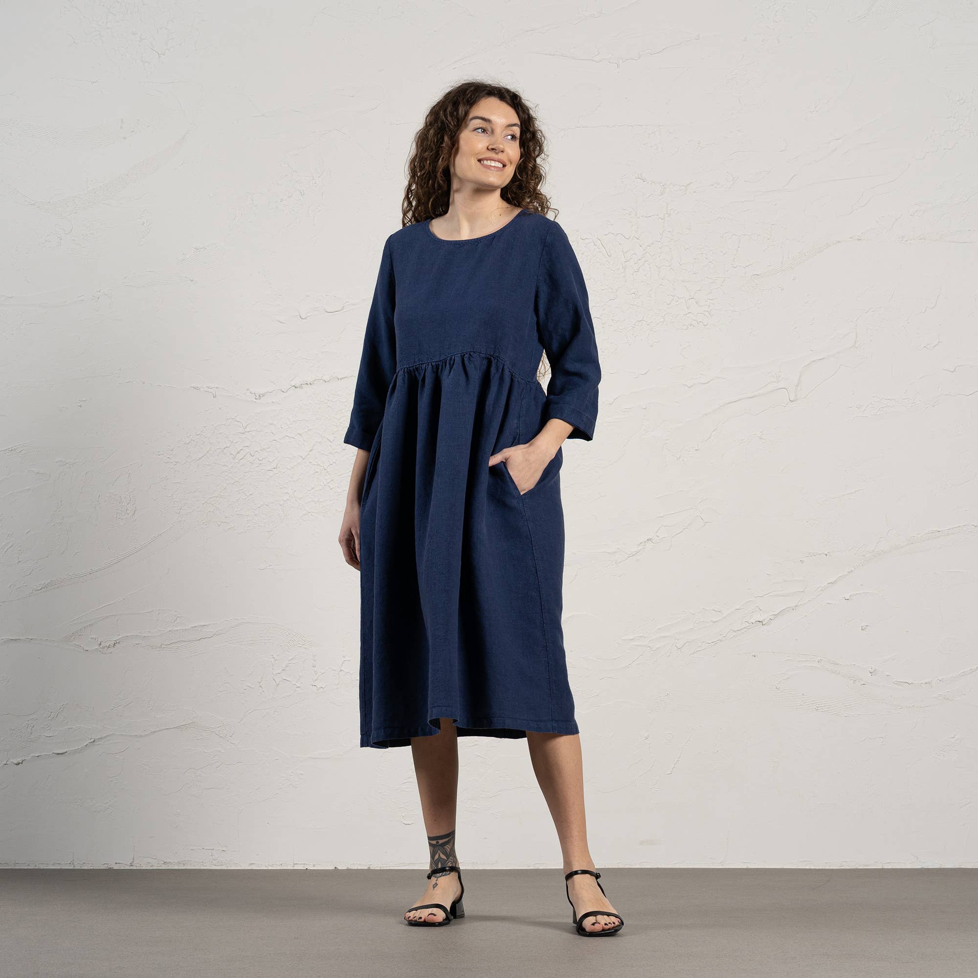 menique - Wholesale Dress - Women's - Natural 100% Linen Smock Dress Lucy - 3/4 Sleeve Dress13