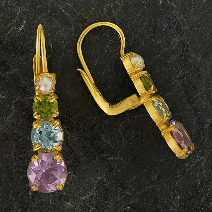 Christina Rossetti Amethyst, Blue Topaz, Peridot and Pearl Earring for wholesale by BoneNE, LLC