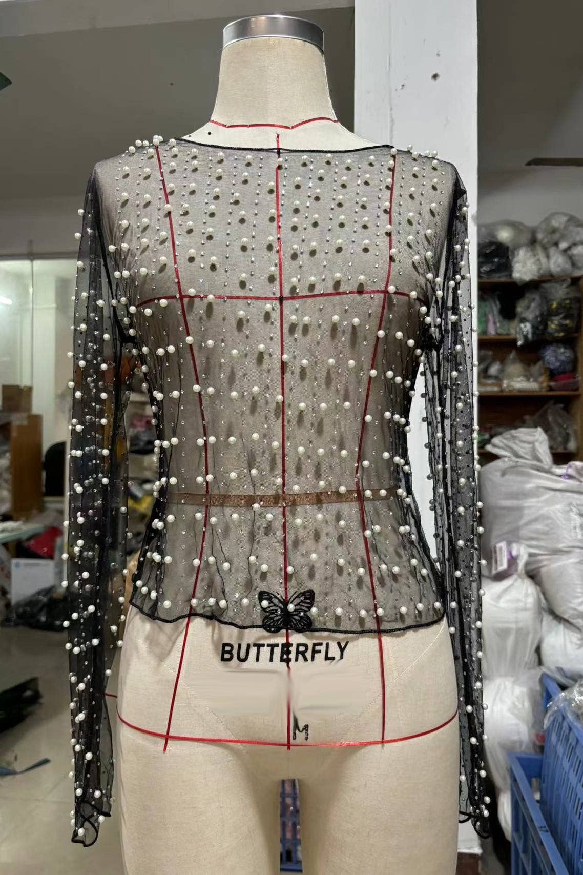 Rosa Clothing - Wholesale T-Shirt - Women's - Shining pearl embellished see through sheer mesh tee top5