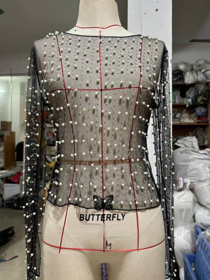 Rosa Clothing - Wholesale T-Shirt - Women's - Shining pearl embellished see through sheer mesh tee top5