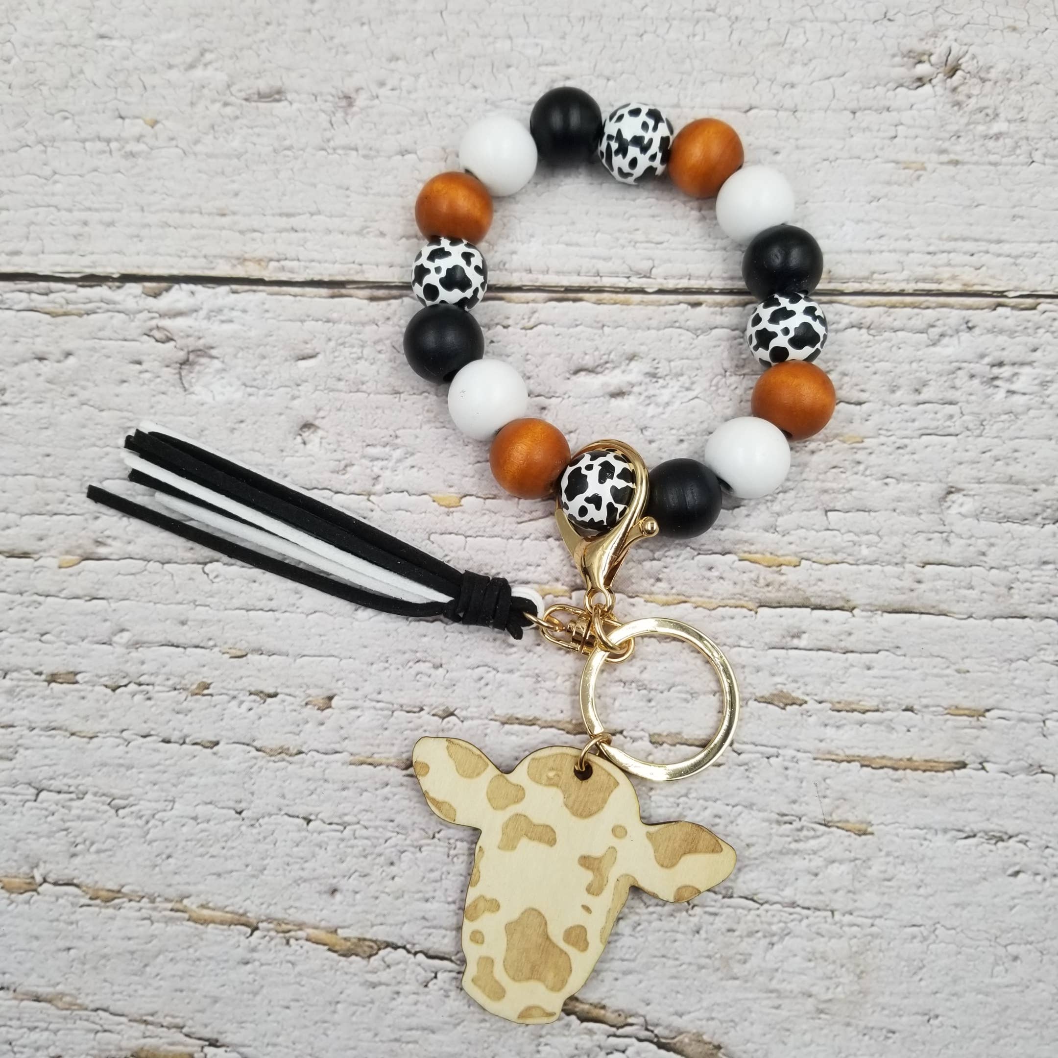 Treasure Wholesale - Wholesale Keychain Bracelet - Cow & Wood Bangle Keychain Tassels Bracelet2