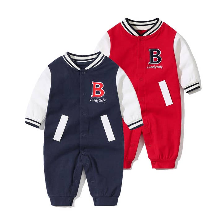 Baby Letter Embroidered Pattern Long Sleeves Baseball Rompers for wholesale by MyKids-USA®