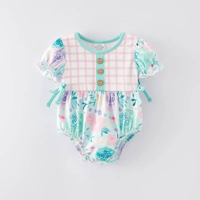 Auraquise - Wholesale Bodysuit (Non-Footed) - Baby - Baby Girls Floral Pink Plaid Summer Bubbles Romper