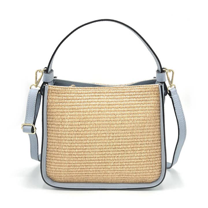 Sommerkollektion, mittelgroße Schultertasche aus Leder und Stroh, Made in Italy, Art. 112564 für den Großhandel von Suie Valentini srl