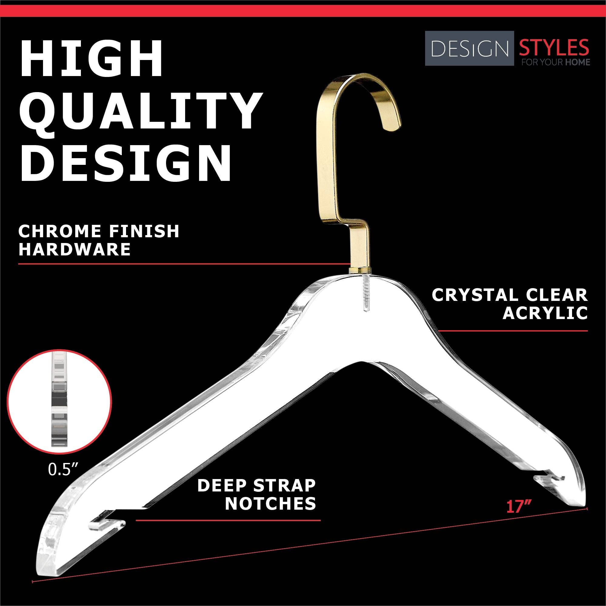 DesignStyles Home - Wholesale Clothes hangers - Simply Brilliant Acrylic Hangers with Metal Gold Hooks and Notches - 10 Pack1