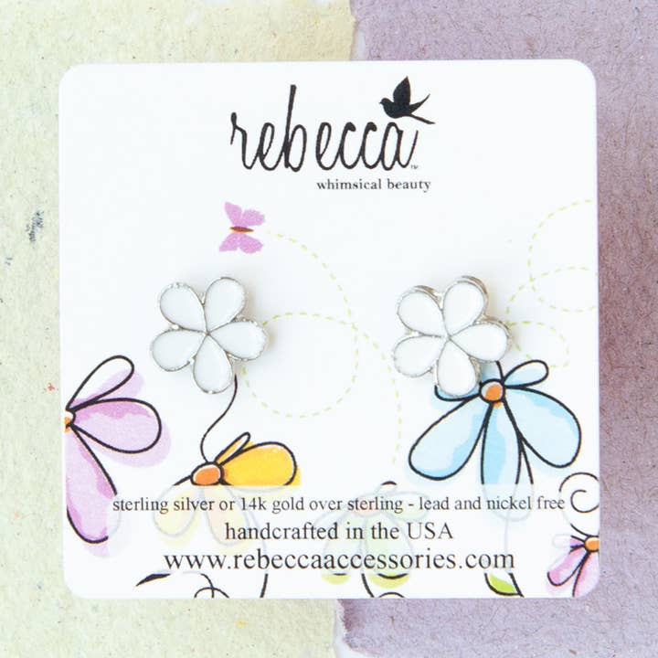 Boucle d'oreille en émail à fleurs blanches, cadeau de bijouterie pour enfants pour la vente par Rebecca Accessories LLC
