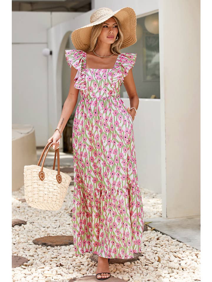 Little Daisy Closet - Wholesale Dress - Women's - LDC Floral Print Square Neck Ruffled Strap Maxi Dress