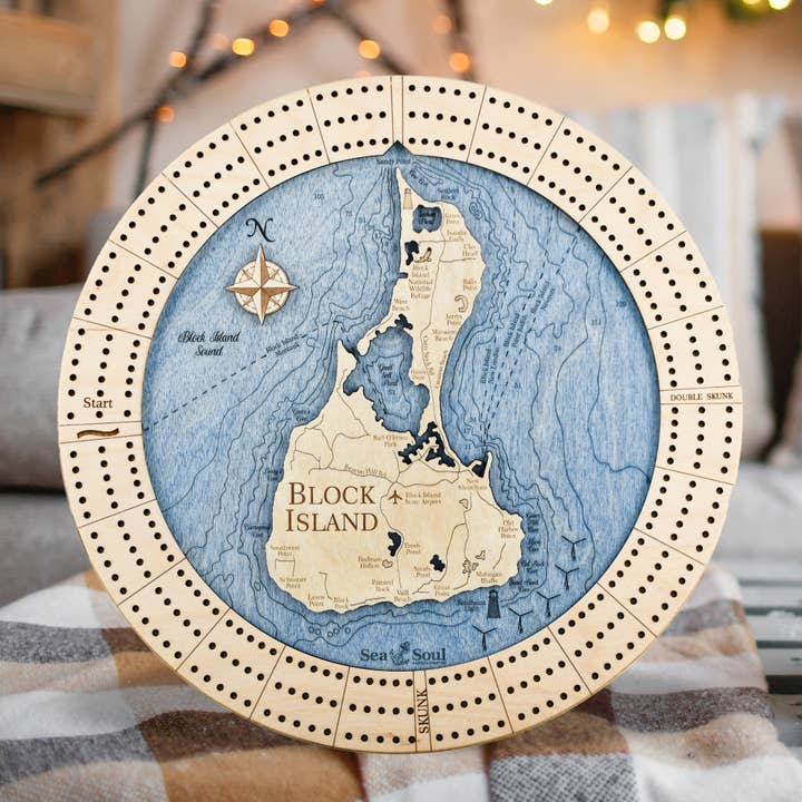 Sea & Soul Nautical Chart Art - Vente Jeux de cartes - Planche de cribbage en bois nautique personnalisée de Block Island