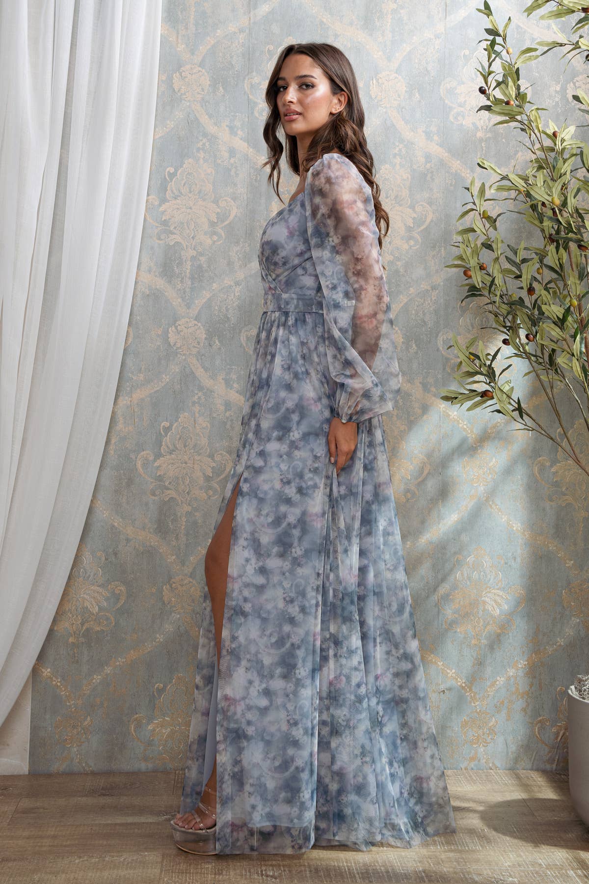 Dusty Blue FLORAL PRINT SURPLICE MAXI  for wholesale on Faire1