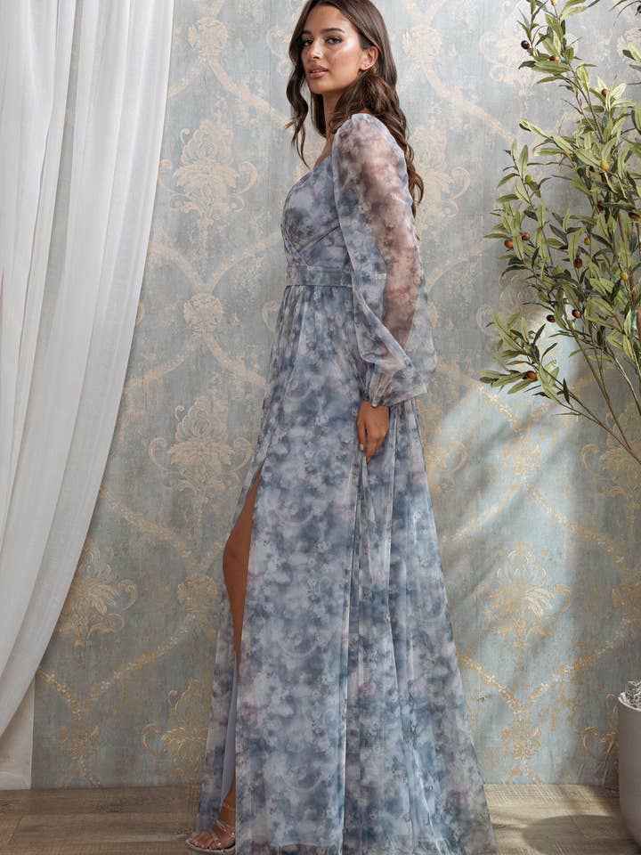 Dusty Blue FLORAL PRINT SURPLICE MAXI for wholesale on Faire1