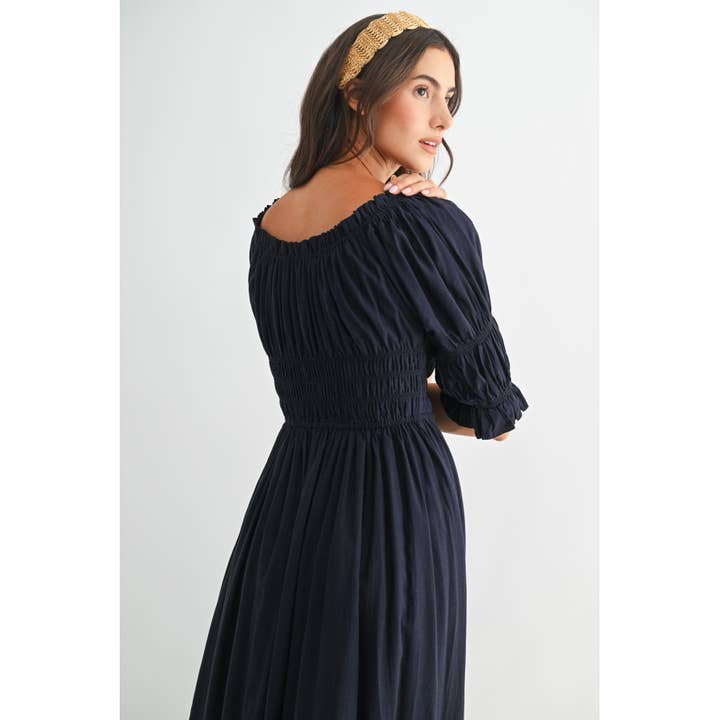 Camellia - Vente Robe – femme - ROBE MIDI ÉPAULES DÉNUDÉES SMOCKÉE AVEC JUPE PLISSÉE10