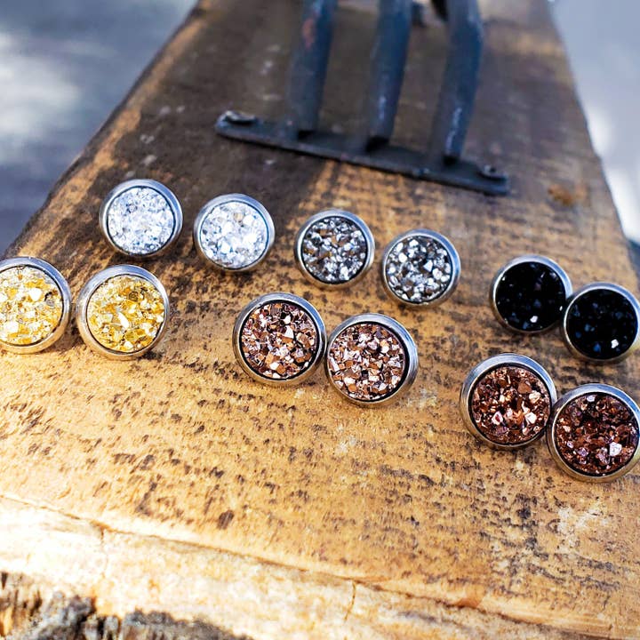 8mm Stainless Steel Druzy Post Earrings for wholesale by LITTLE BLUE BUS JEWELRY