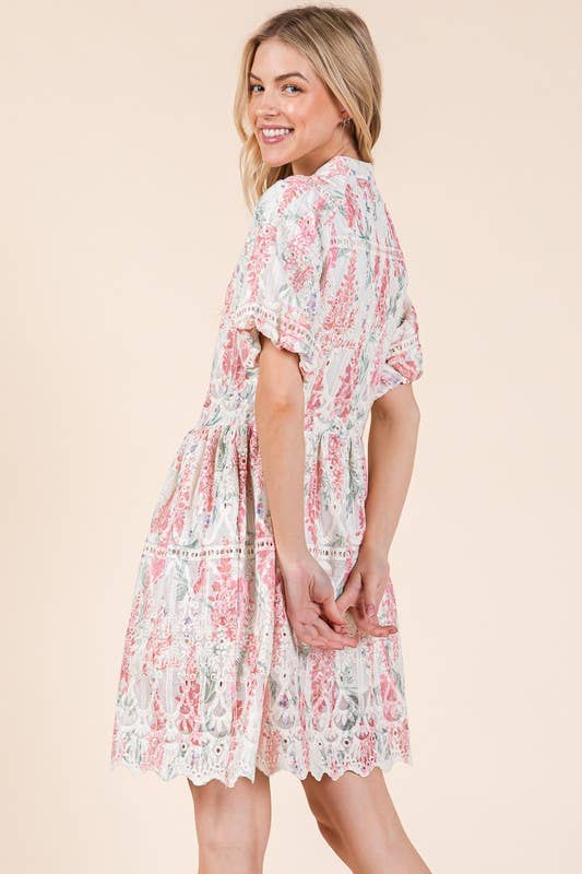 Pink Multi Floral Eyelet Lace Mini Shirt Dress, OD51255 for wholesale on Faire2