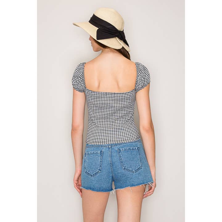 Popular 21 - Wholesale Knit Top - Women's - Gingham Seersucker Top with Puff Sleeves