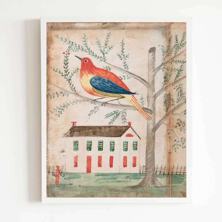 House and Bird on a Tree Antique Art Print for wholesale by Sea to Skye