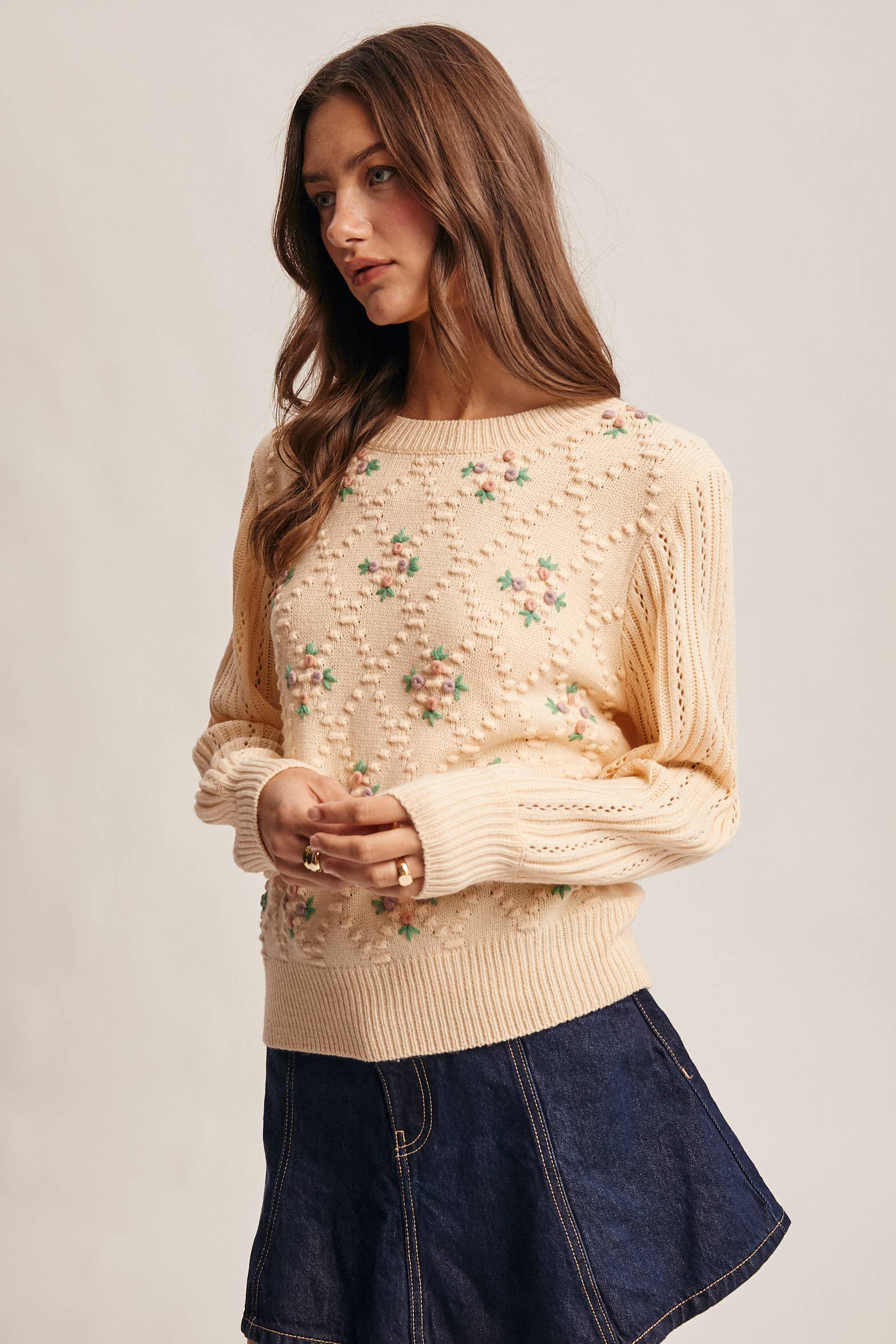 Forte - Venta al por mayor Jersey de punto - Mujer - Jersey de Punto con Mangas Abullonadas Bordadas FSW00075