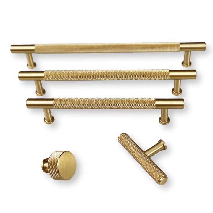 Brass Solid "Texture No.2" Knurled Drawer Pulls and Knobs in Satin Brass for wholesale by Industry Hardware