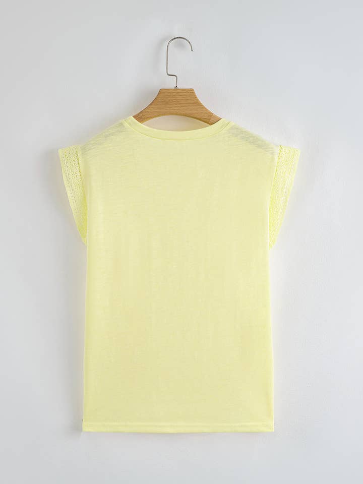 Yellow Cream Lace Patchwork Cap Sleeve Round Neck T Shirt for wholesale on Faire9