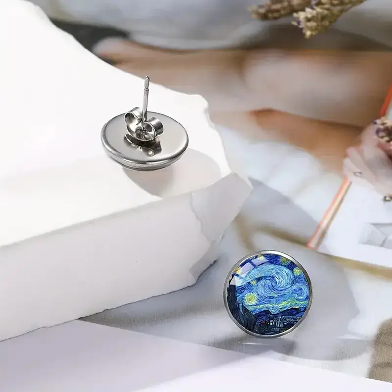 Magnifique Hearts - Wholesale Stud/Post Earrings - Vintage Sunflower & Starry Night Glass Stud Earrings2