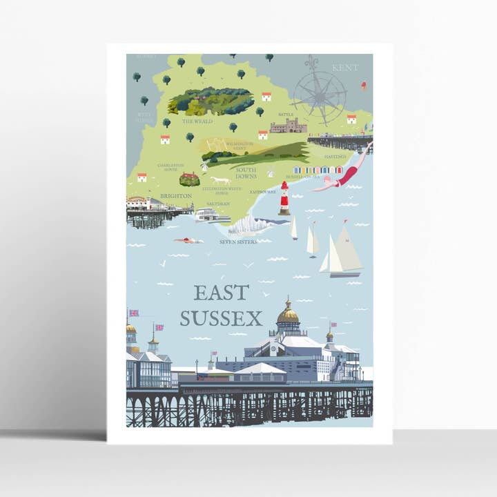 Sussex Oost Eastbourne Geïllustreerde Kaart Print voor wholesale door BETTY BOYNS MAPS