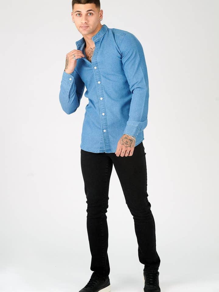 Twilight SLIM FIT GRANDAD COLLAR DENIM SHIRT - BLUE for wholesale by JMOJO UK Limited