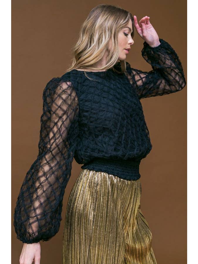 Black A solid textured woven top - IT12722 for wholesale on Faire1