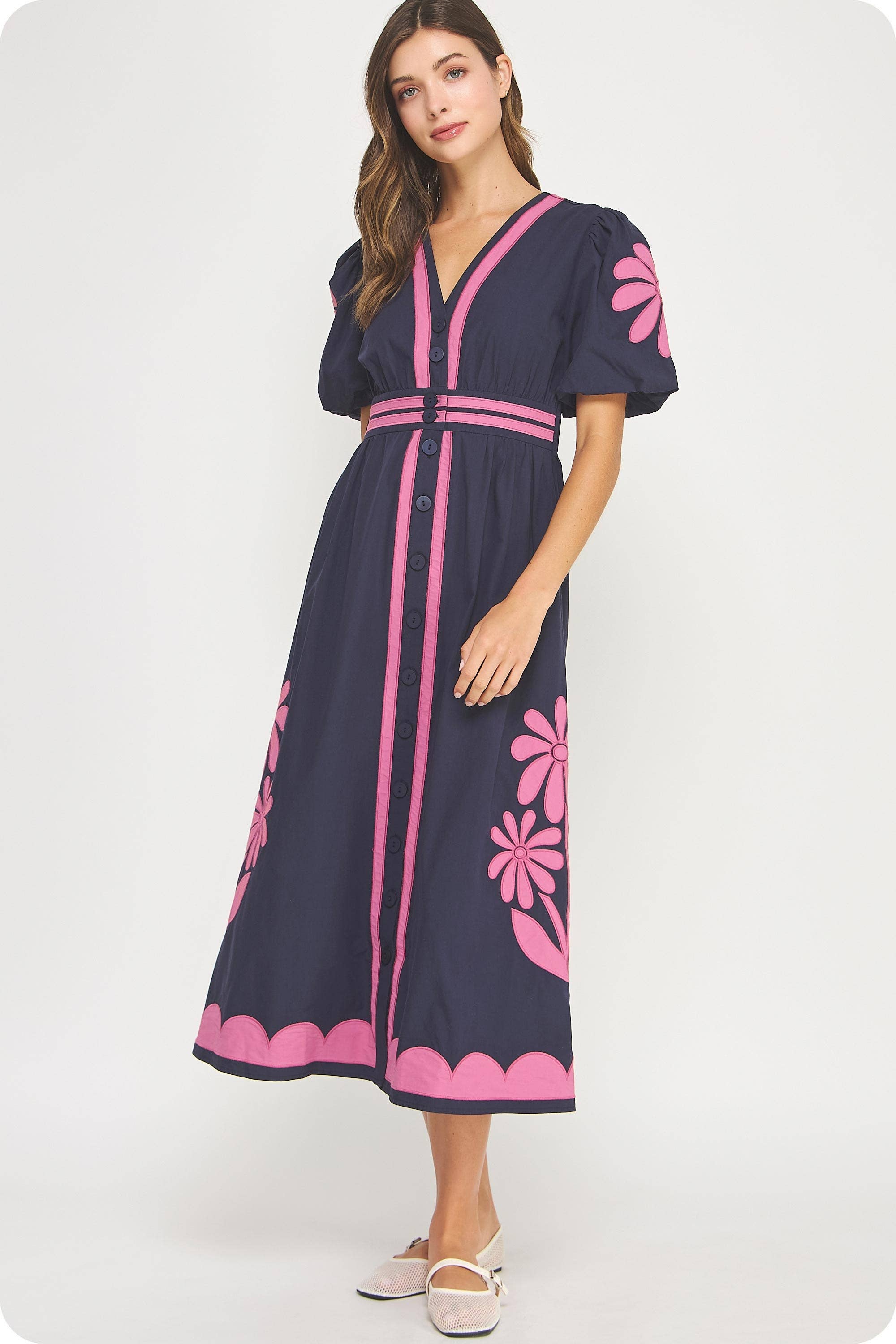 Navy chateau Rose Flower Patch Contrast Embroidery Midi Dress for wholesale on Faire2