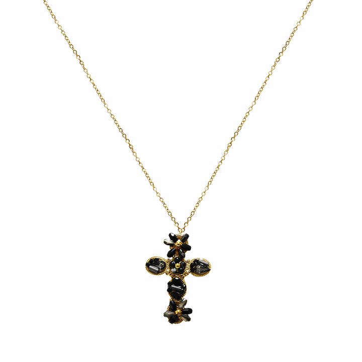 AMORINO SRL - Wholesale Pendant/Charm Necklace - CROSS NECKLACE WITH FLOWER-SHAPED CRYSTALS - OY2496A4222
