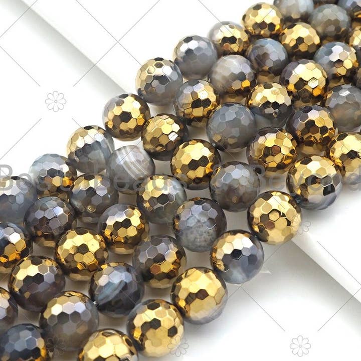Half Gold Plated Grey Agate Beads, 8mm/10mm/12mm Round Faceted Gold Gray Banded Agate Beads, 15.5" Full Strand, sku#UA130 for wholesale by BestBeads&Beyond