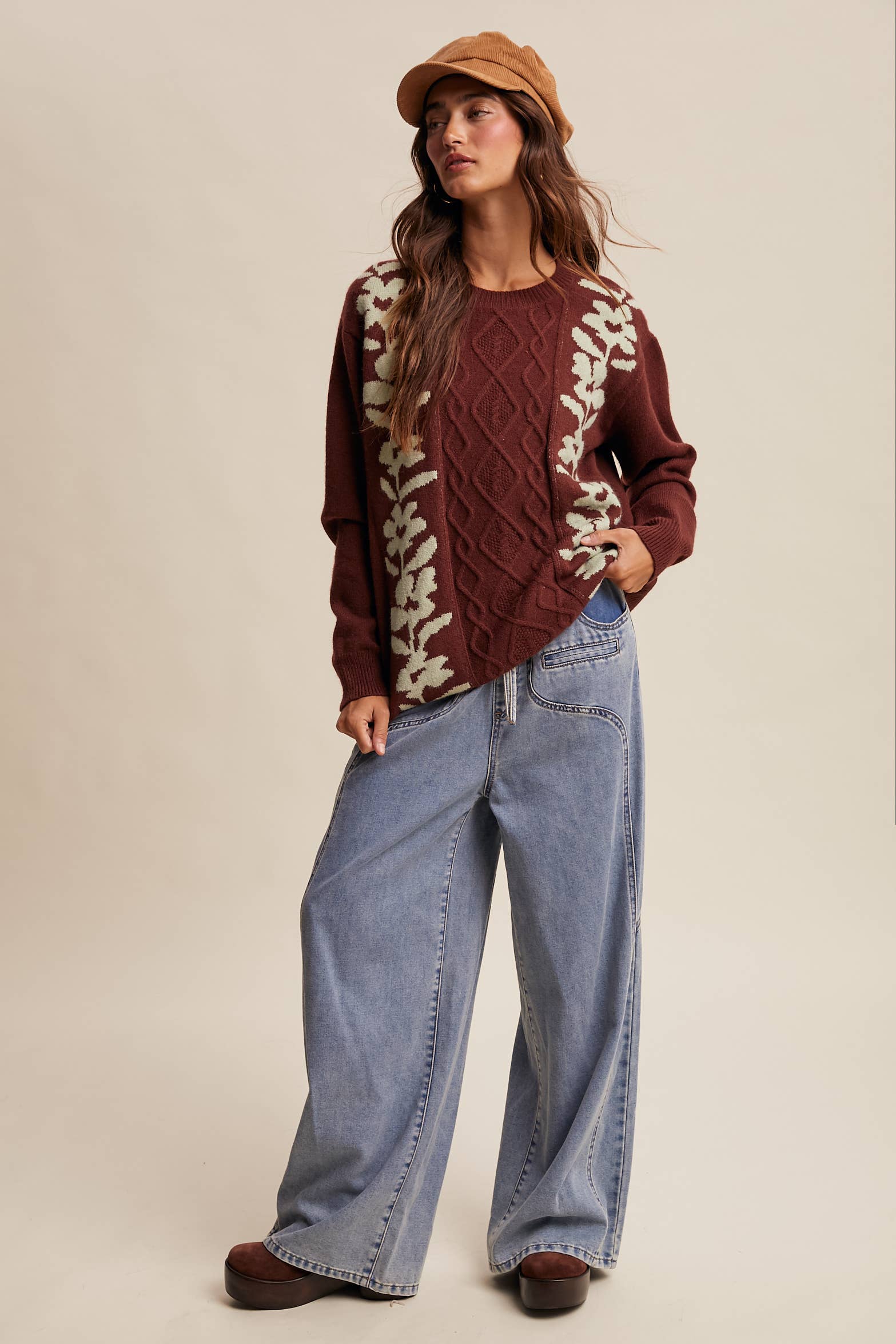 Listicle - Wholesale Knit Sweater - Women's - Floral Panel Cable Knit Sweater (LSW0880)40