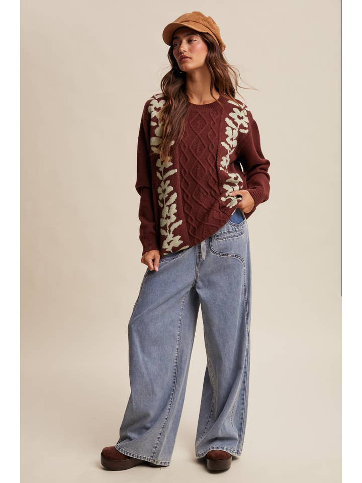 Listicle – Engroshandel Pullover - Dame – Blomstret Panel Kabelstriktrøje LSW088018