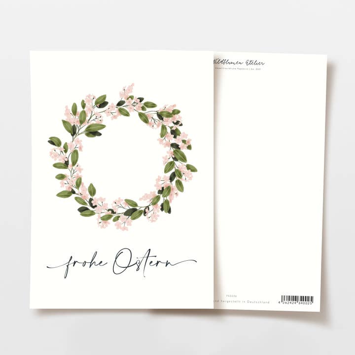Wildblumen Atelier – Großhandel Postkarten – Osterkarte Blumenkranz Frohe Ostern, FSC zertifiziert