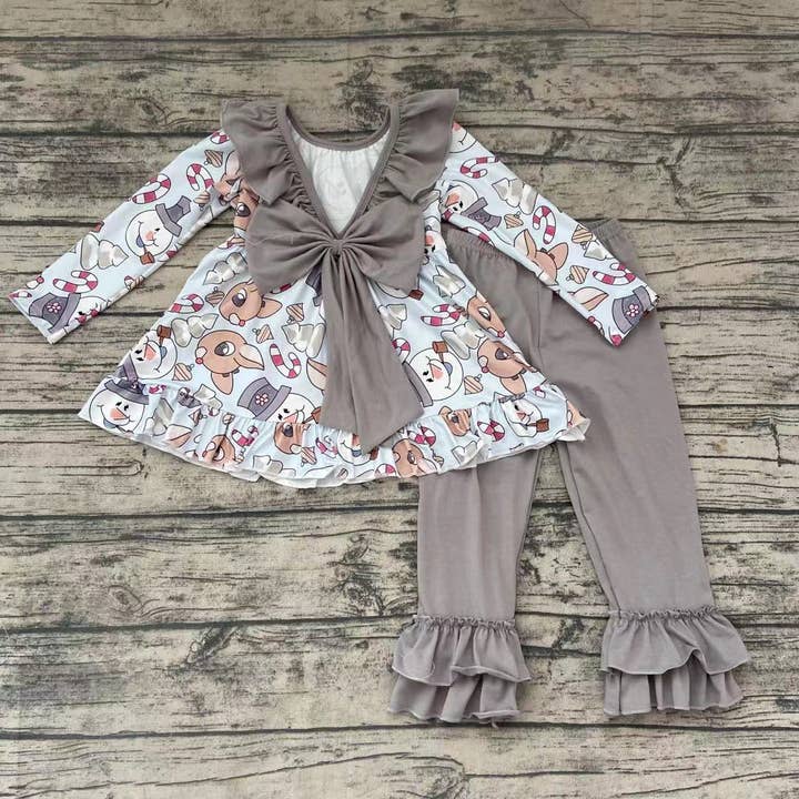 Aier Wholesale - Wholesale Top & Pant Set - Kids - Grey Christmas Cartoon Bow sets