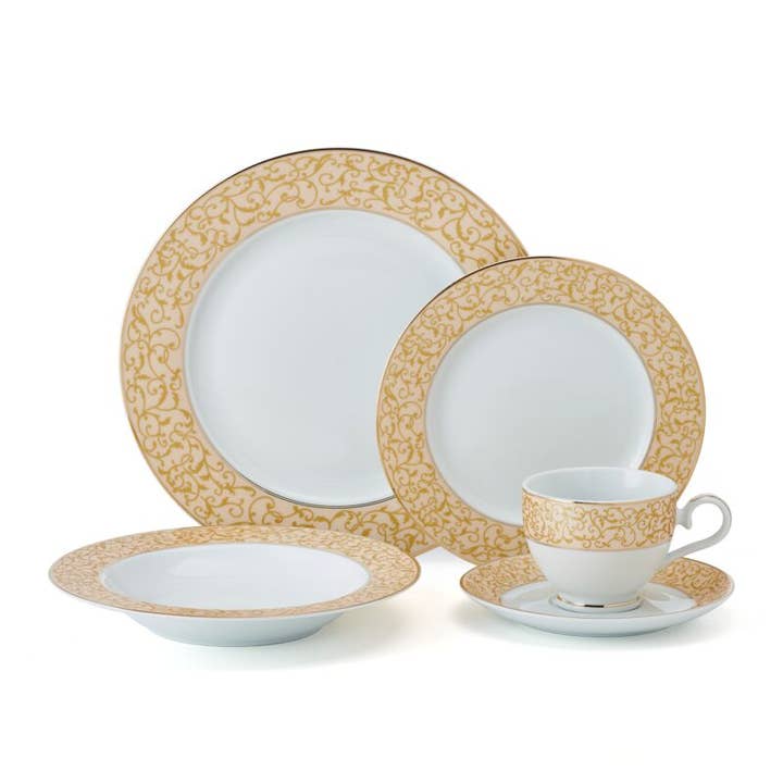 Mikasa Parchment Gold 40Pc DW Set Brown Bx Pkg for wholesale by Fitz and Floyd® Mikasa® Pfaltzgraff®