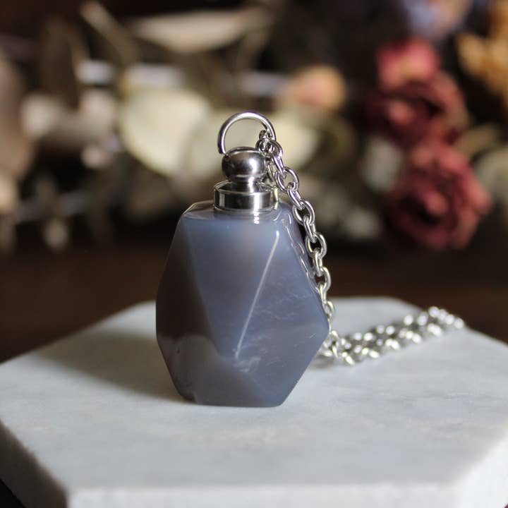 Gray Agate Gemstone Diffuser Bottle Necklace for wholesale by Serenity Designs
