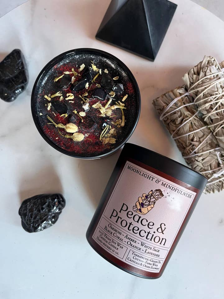 Peace & Protection 100% Soy Wax Crystal Candle, Vegan for wholesale by Moonlight & Mindfulness