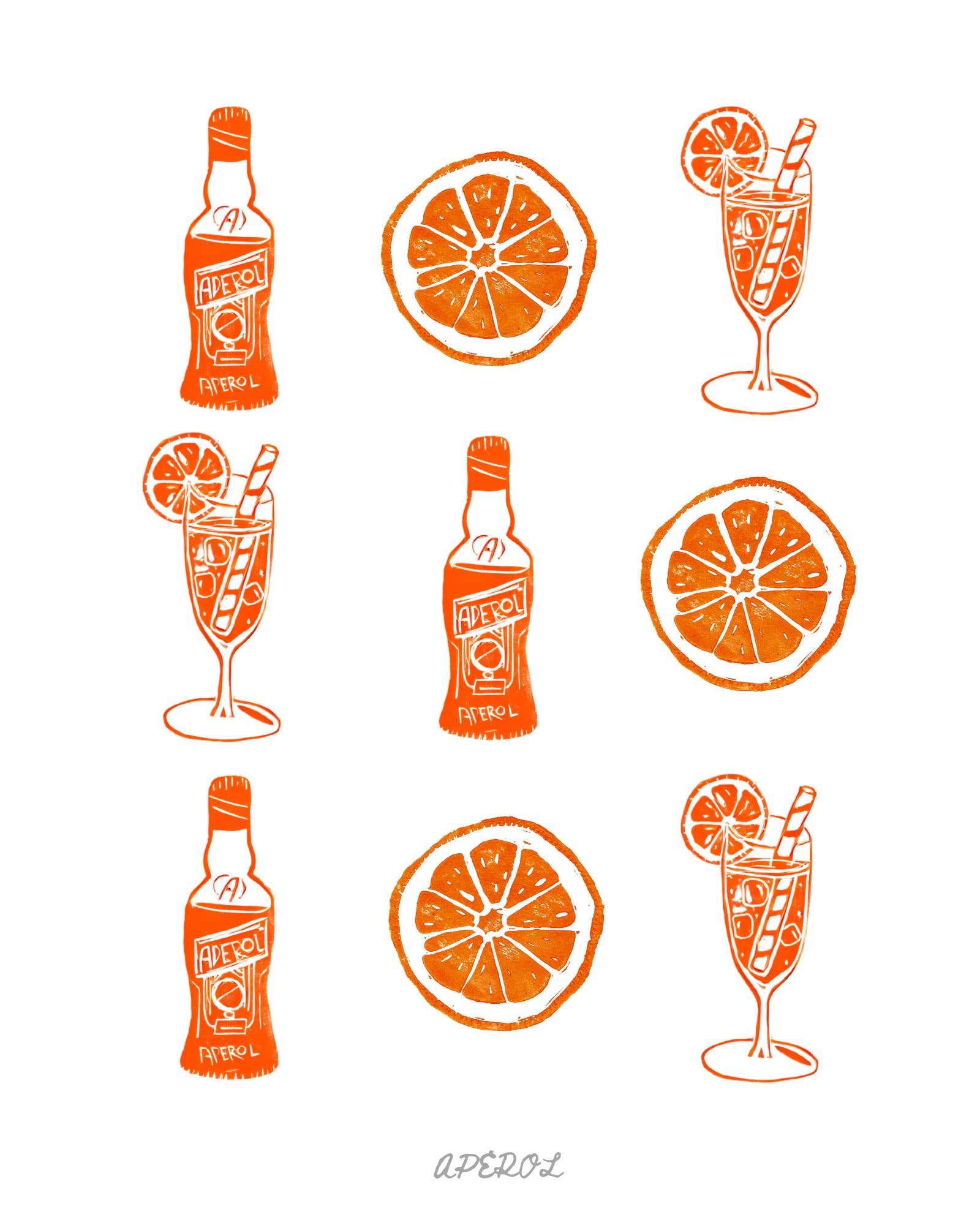 Art by Nate Crosser - Vente Affiche d'art - Impression Linogravure Aperol Spritz (Reproduction Numérique 8x10)
