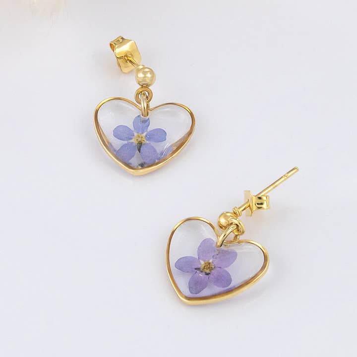 Heart shaped stud earrings with real forget me not flowers for wholesale by Allie and Posie