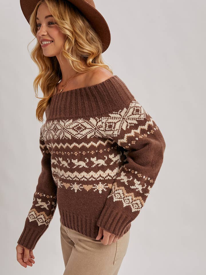 Bluivy - Wholesale Knit Sweater - Women's - FAIR ISLE OFF SHOULDER KNIT SWEATER - HOLIDAY5